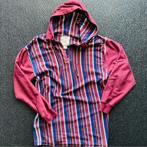 VTG 90s Coda Burgundy and Blue Striped Hooded Long Tail Sweater